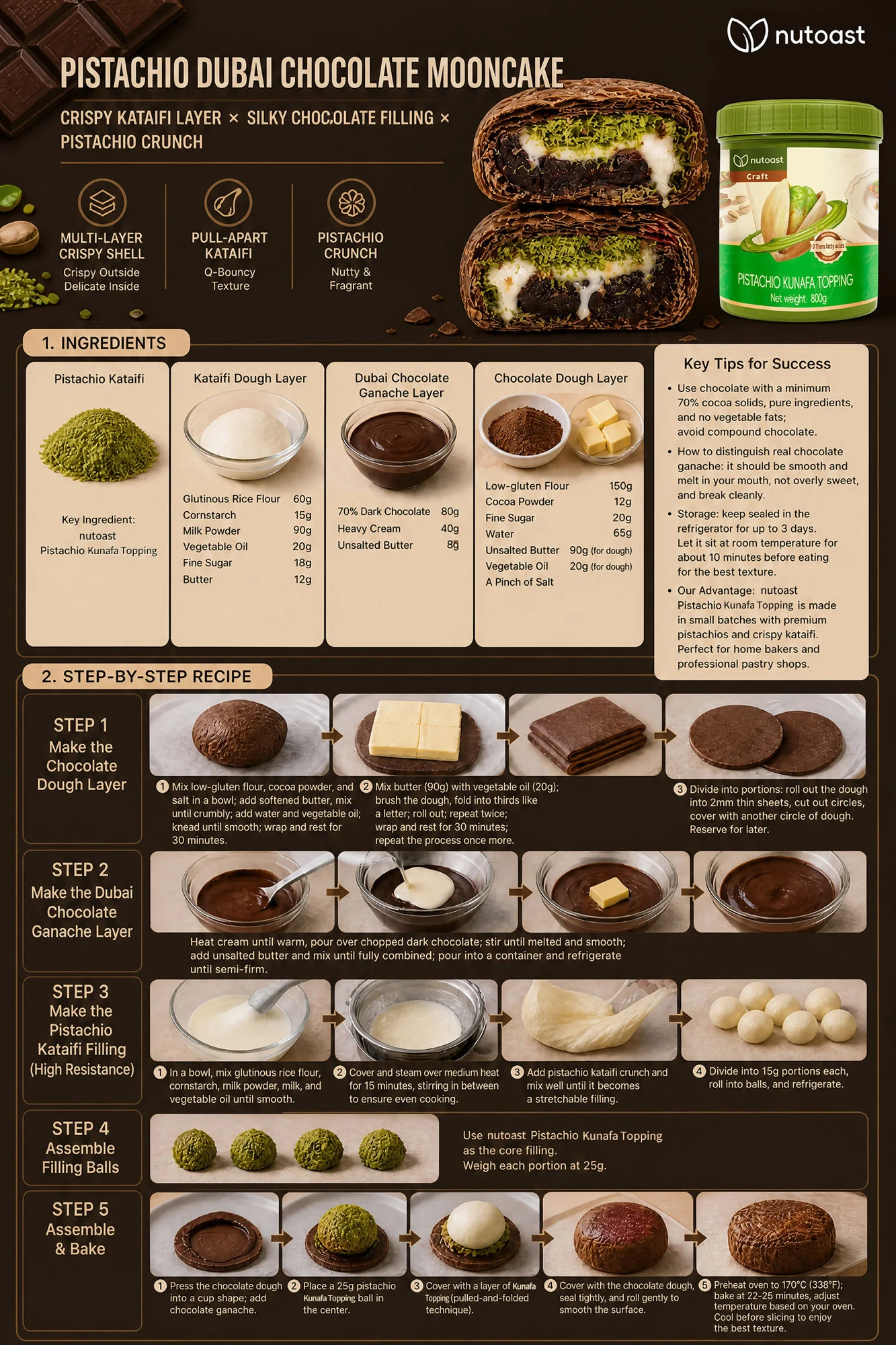 Pistachio Dubai Chocolate Mooncake development sheet — ingredients, gram weights and the five-step production sequence, using Nutoast Pistachio Kunafa Topping