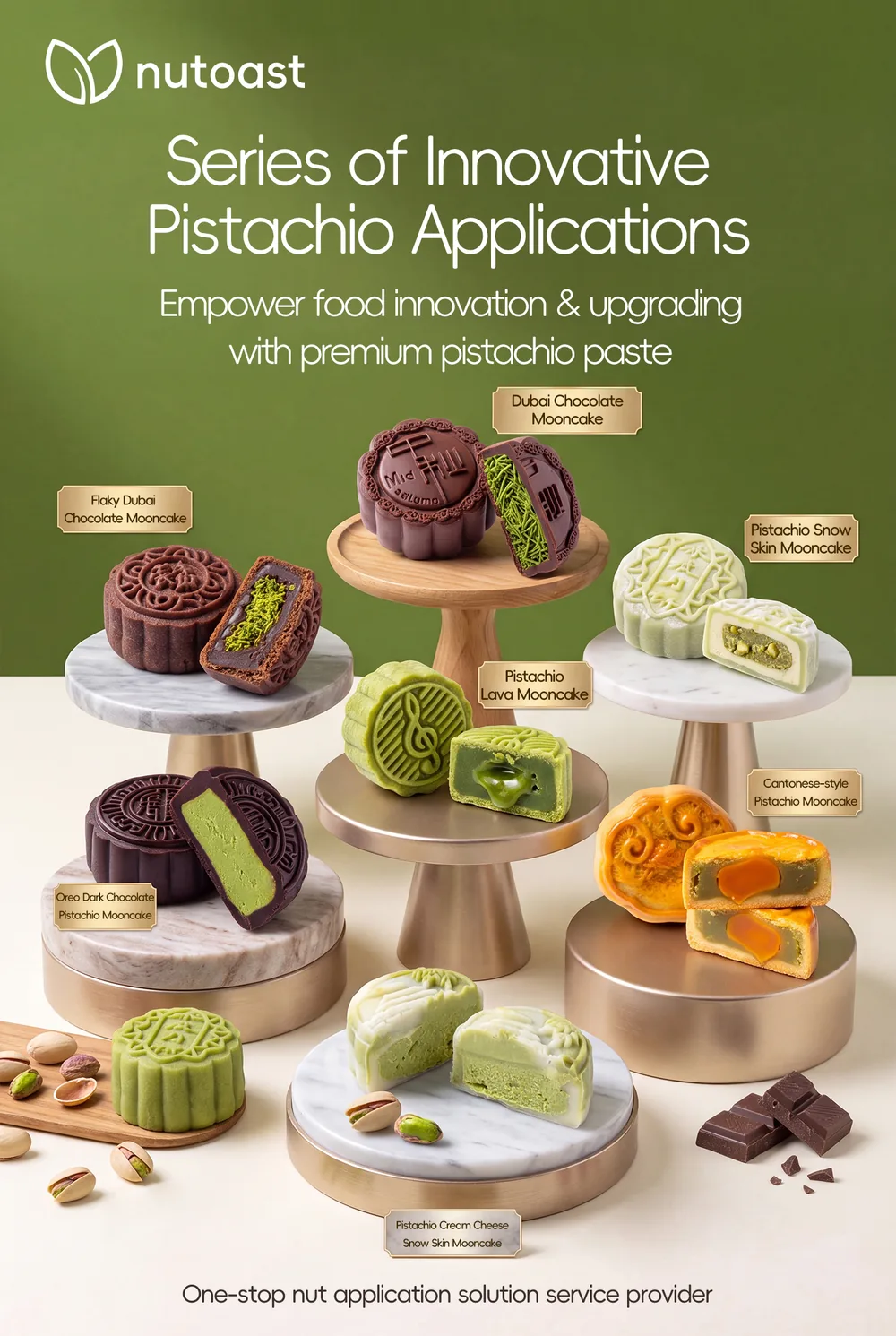 Nutoast pistachio mooncake collection — ten application concepts for Mid-Autumn, from Dubai chocolate to snow skin