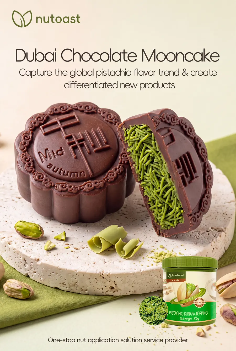 Dubai Chocolate Mooncake with a pistachio kunafa centre