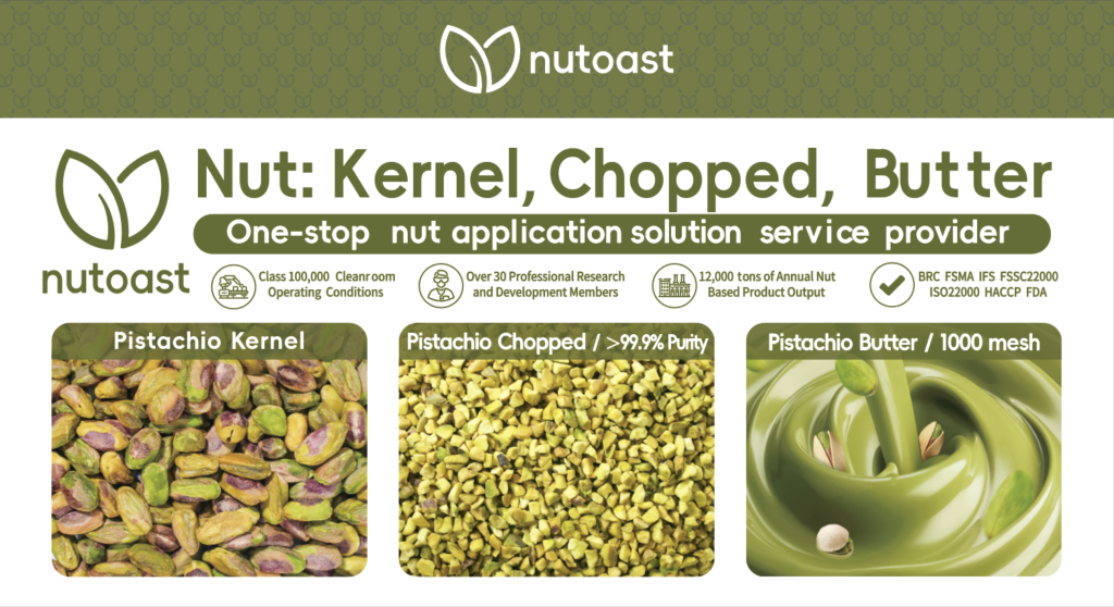 Nutoast Dubai ISM 2024 banner, showing pistachio butter and pistachio products