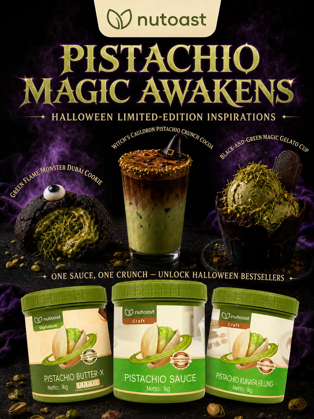 Nutoast Halloween 2026 poster: Pistachio Magic Awakens, three limited-edition application inspirations
