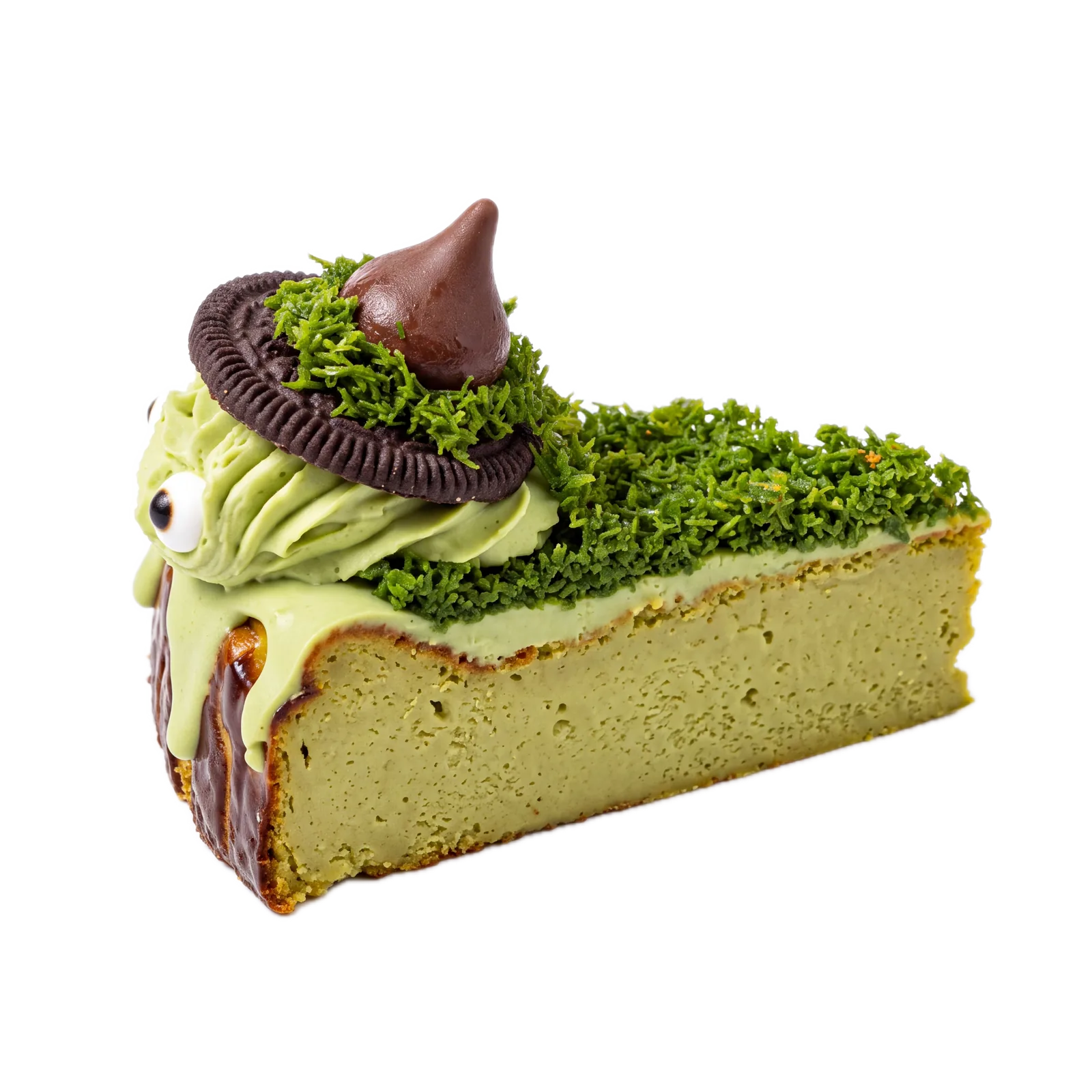 A cut slice of the pistachio Basque showing the dense crumb and dark caramelised crust