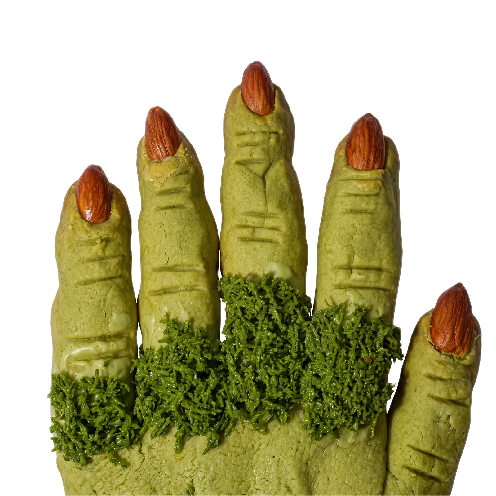 Five pistachio witch finger cookies arranged as a hand with kunafa shreds between the knuckles