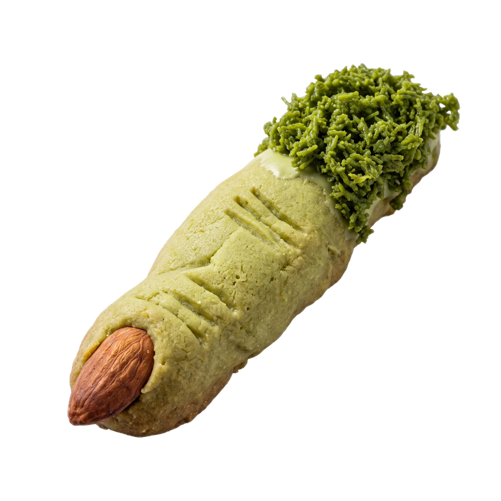 A single pistachio witch finger cookie showing the almond nail, scored knuckles and kunafa shreds at the break